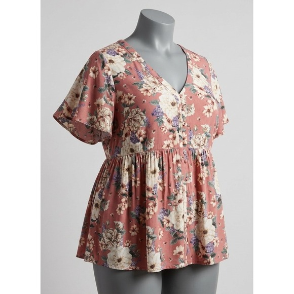 torrid Tops - Torrid Plus Size 4 Pink Floral V-Neck Button Front Peplum Tunic Boho Cottagecore
